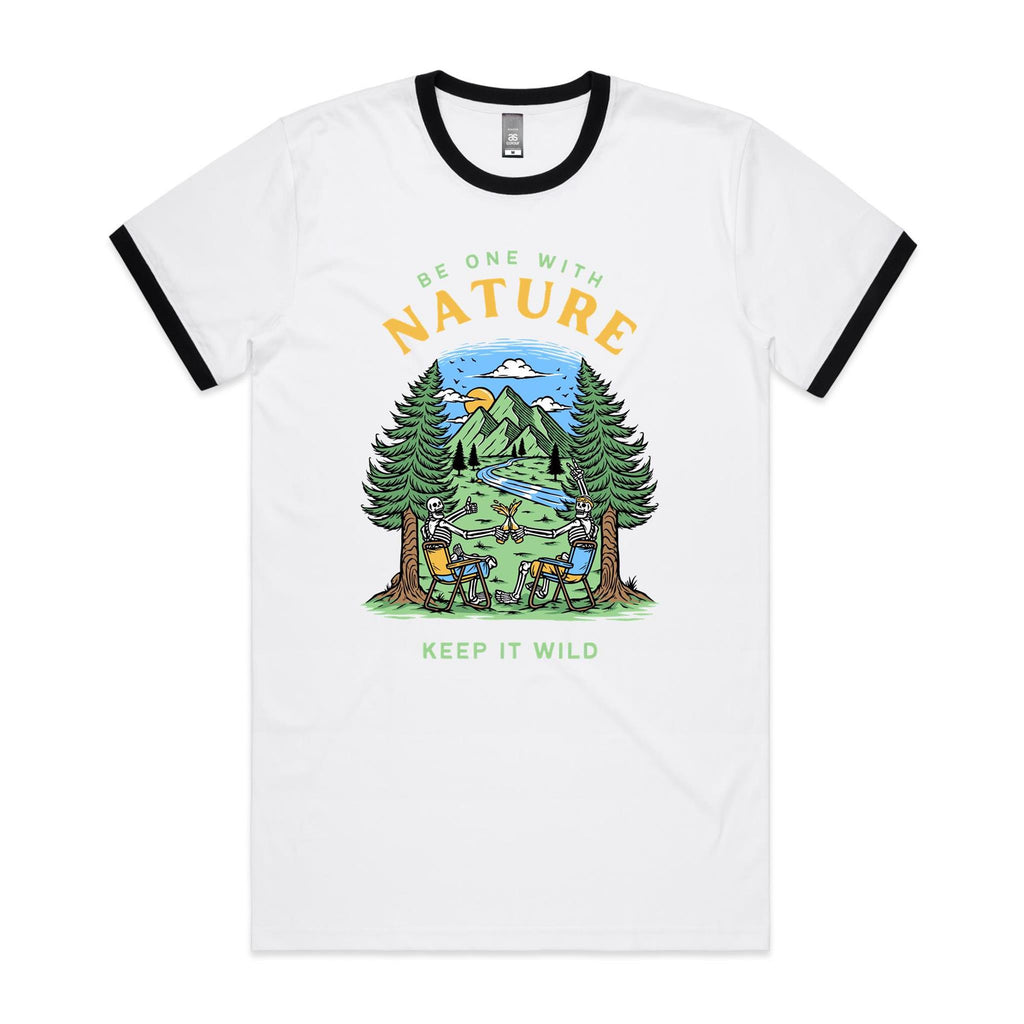 Be One With Nature, Skeleton - Staple Ringer Tee White Black Ringer T-Shirt Printed In Australia