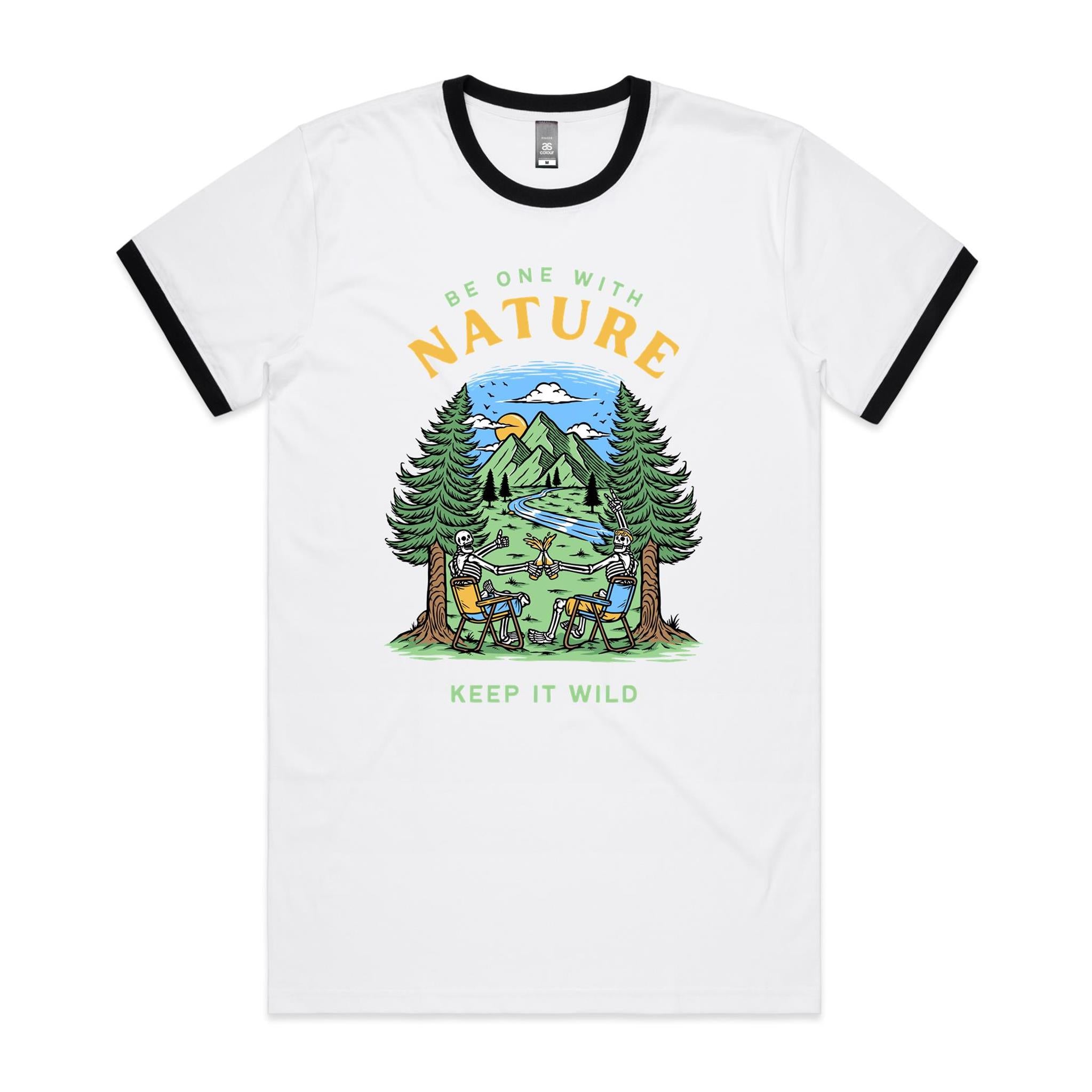 Be One With Nature, Skeleton - Staple Ringer Tee White Black Ringer T-Shirt Printed In Australia
