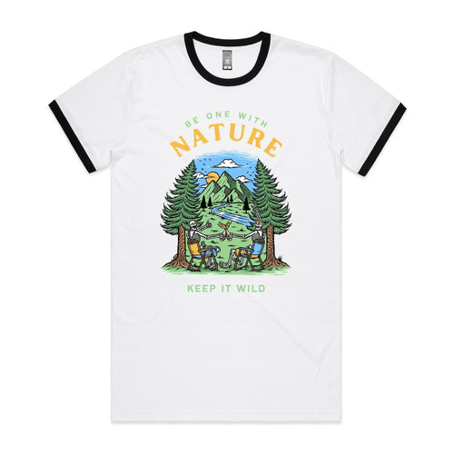 Be One With Nature, Skeleton - Staple Ringer Tee White Black Ringer T-Shirt Printed In Australia