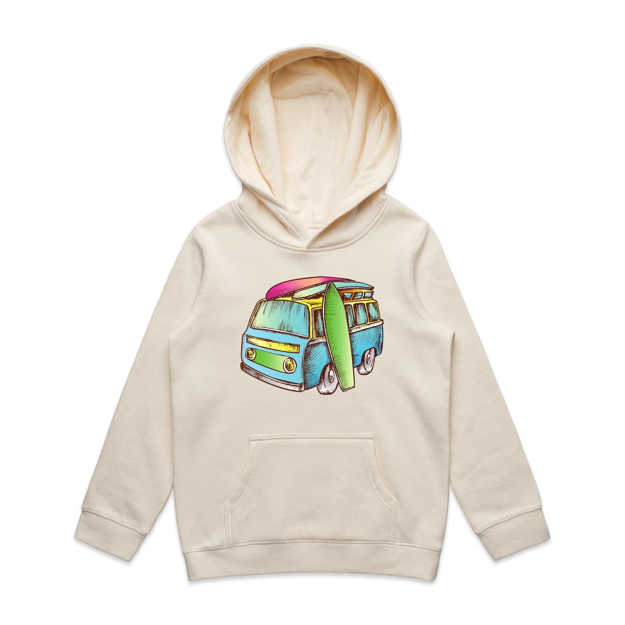 Surf Trip - Kids Hoodie Ecru Kids Hoodie Printed In Australia