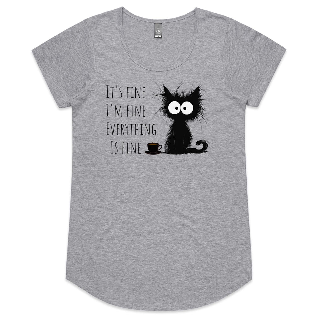It's Fine, I'm Fine, Frazzled Cat - Womens Scoop Neck T-Shirt Grey Marle Womens Scoop Neck T-shirt animal Printed In Australia