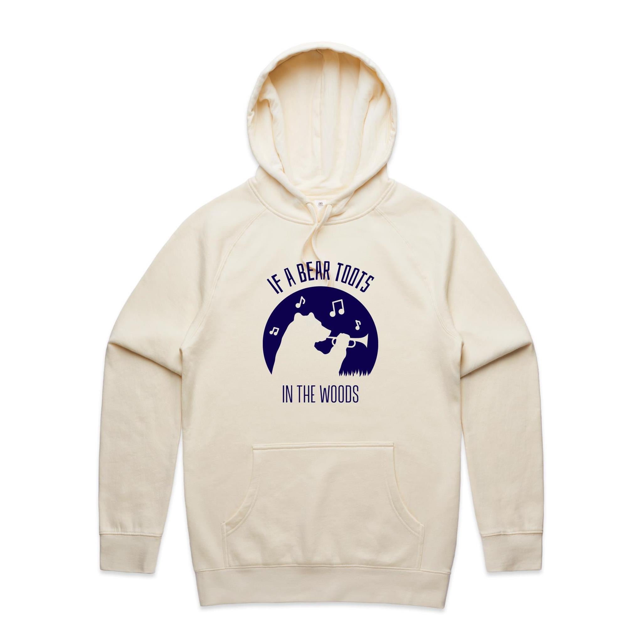 If A Bear Toots In The Woods, Trumpet Player - Mens Hoodie Ecru Mens Hoodie animal Music Printed In Australia