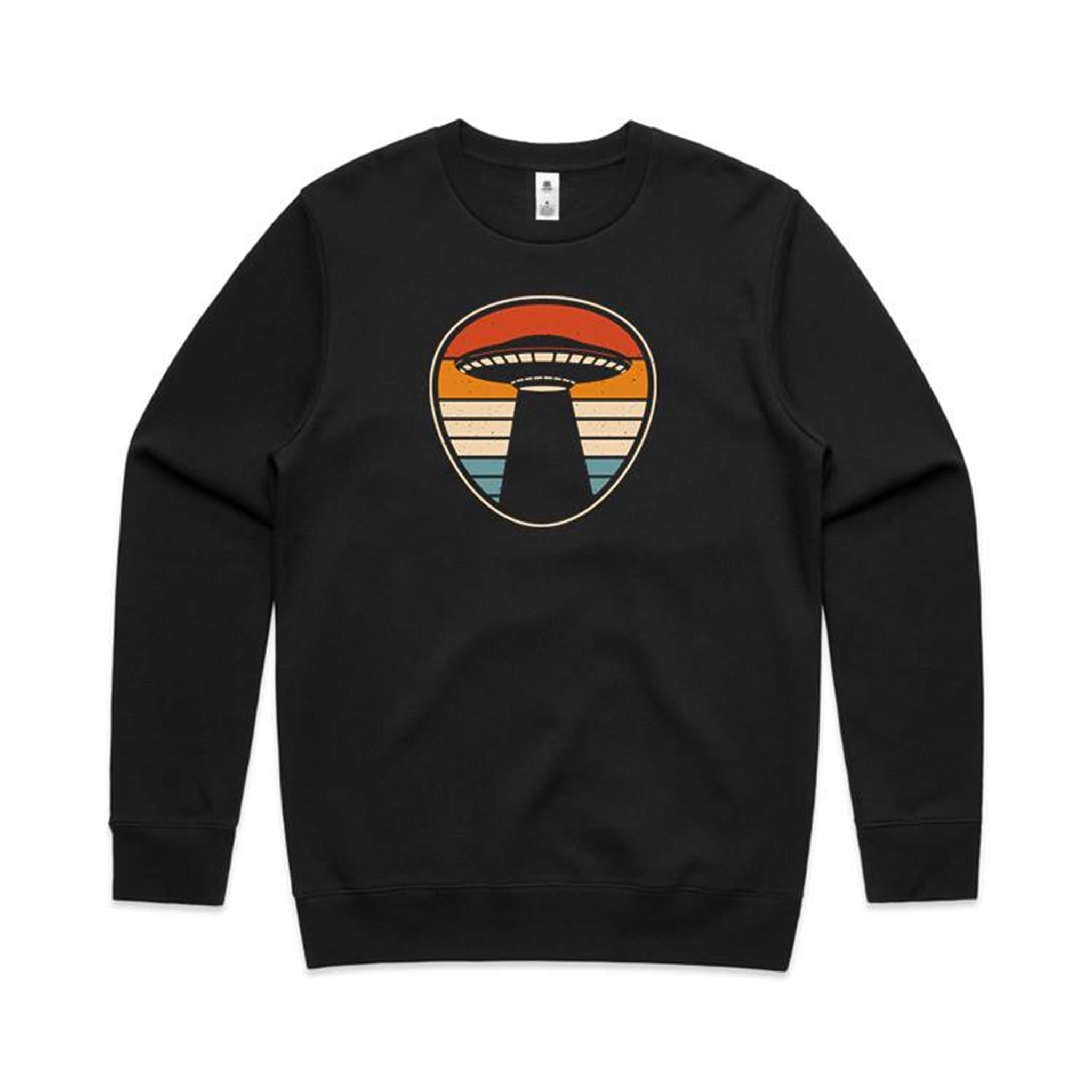 UFO Retro Stripes - AS Colour Stencil Crew Sweatshirt Black Sweatshirt Printed In Australia