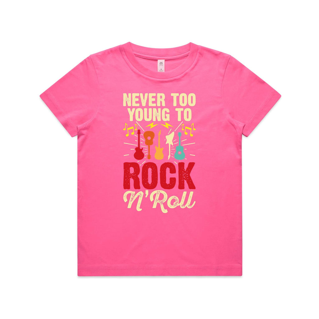 Never Too Young To Rock N Roll Kid's AS Colour T-shirt Charity pink Kids Youth T-shirt Music Printed In Australia