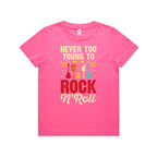 Never Too Young To Rock N Roll Kid's AS Colour T-shirt Charity pink Kids Youth T-shirt Music Printed In Australia
