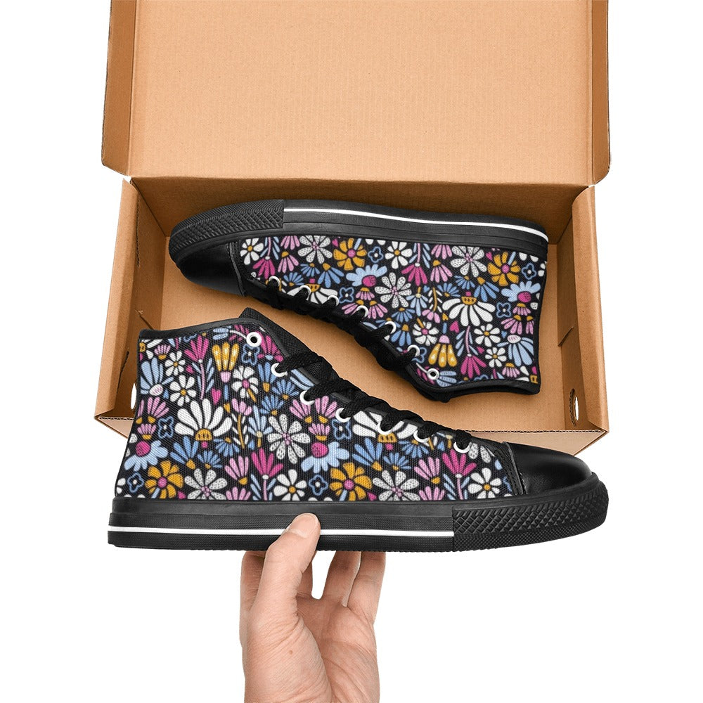 Graphic Flowers On Black Women's High Top Canvas Shoes Womens Classic High Top Shoes Plants Printed Offshore