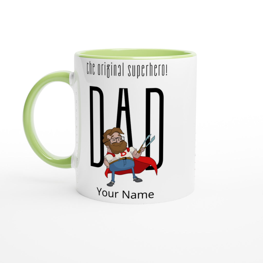 Personalised - Dad, The Original Superhero - White 11oz Ceramic Mug with Colour Inside Ceramic Green Personalised 11oz Mug comic Customise Dad Globally Fulfilled Name Personalise