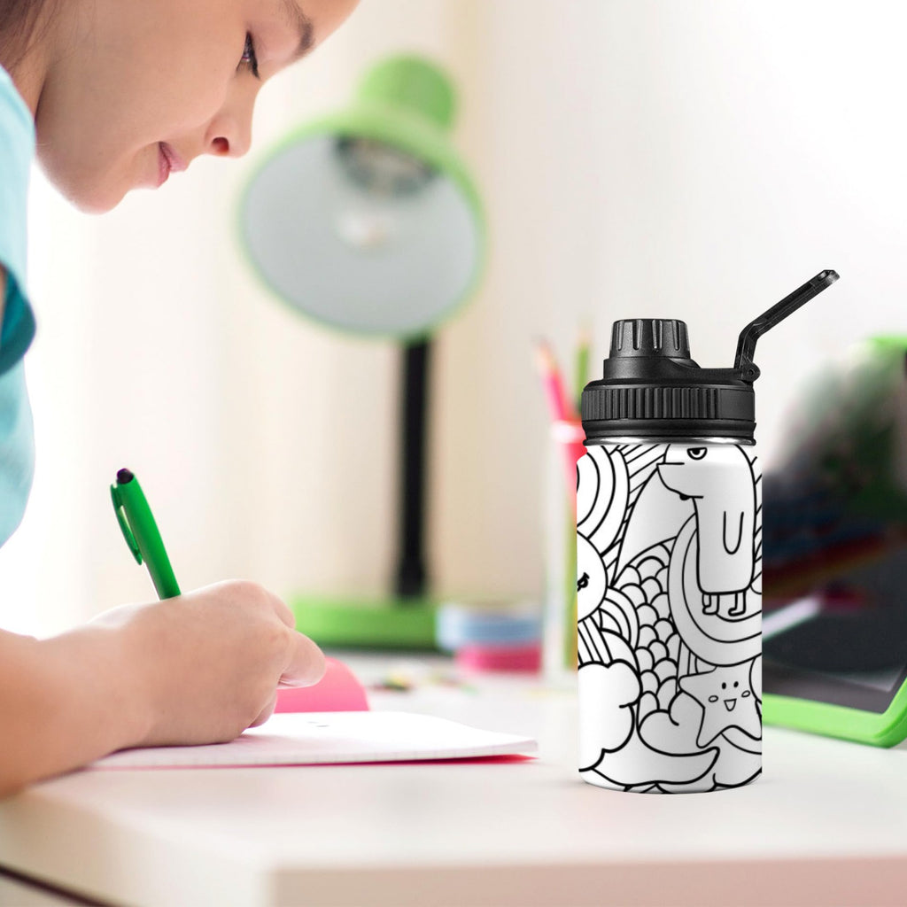 Black And White Creatures - Kids Water Bottle with Chug Lid (12 oz) Kids Water Bottle with Chug Lid Printed Offshore Sci Fi