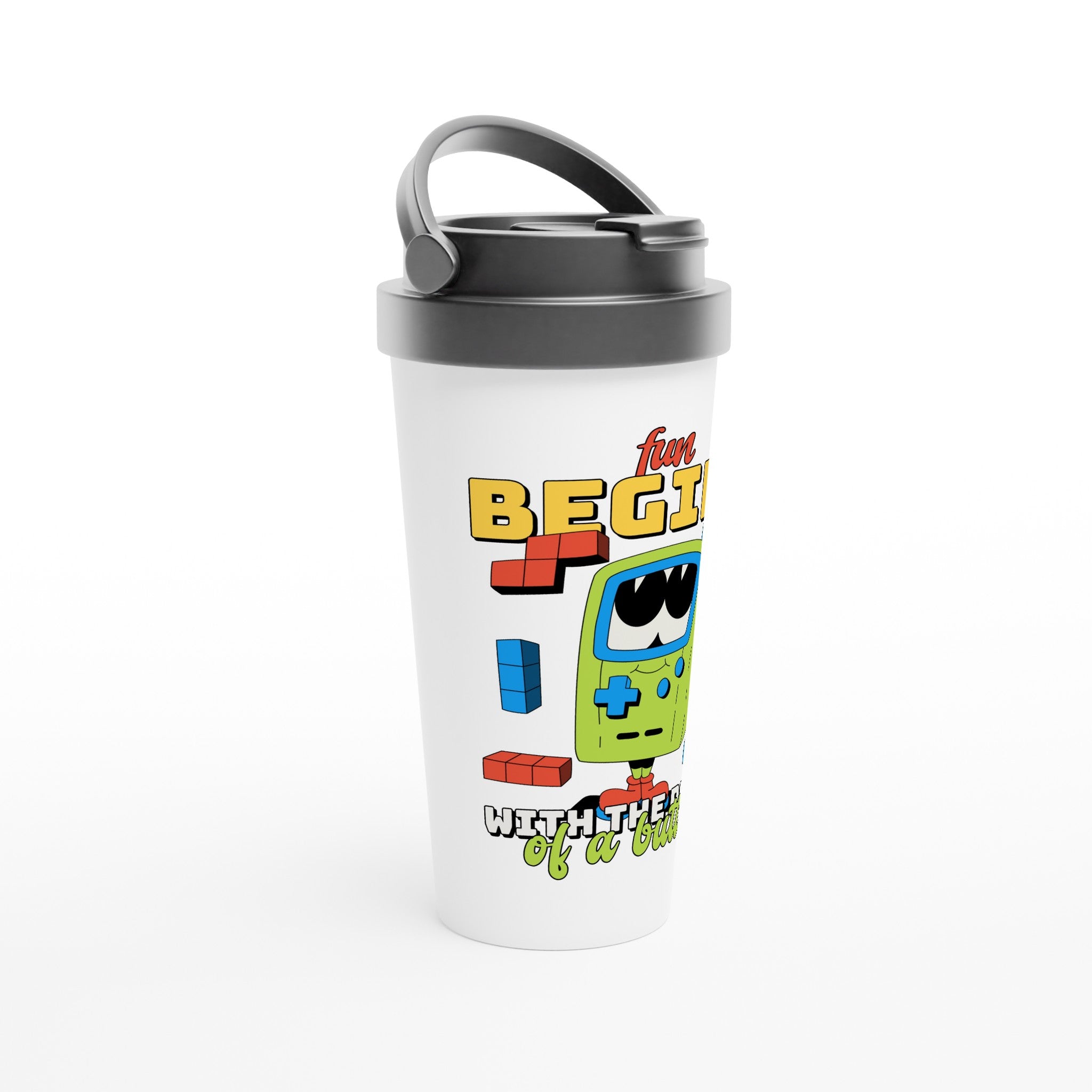 Fun Begins With The Press Of A Button - White 15oz Stainless Steel Travel Mug Travel Mug Games Globally Fulfilled