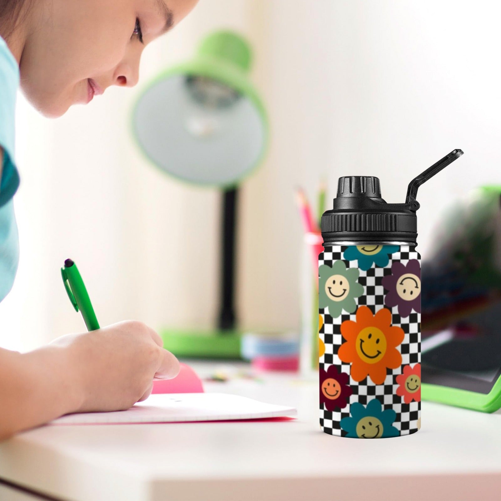 Happy Retro Flowers - Kids Water Bottle with Chug Lid (12 oz) Kids Water Bottle with Chug Lid Printed Offshore Retro