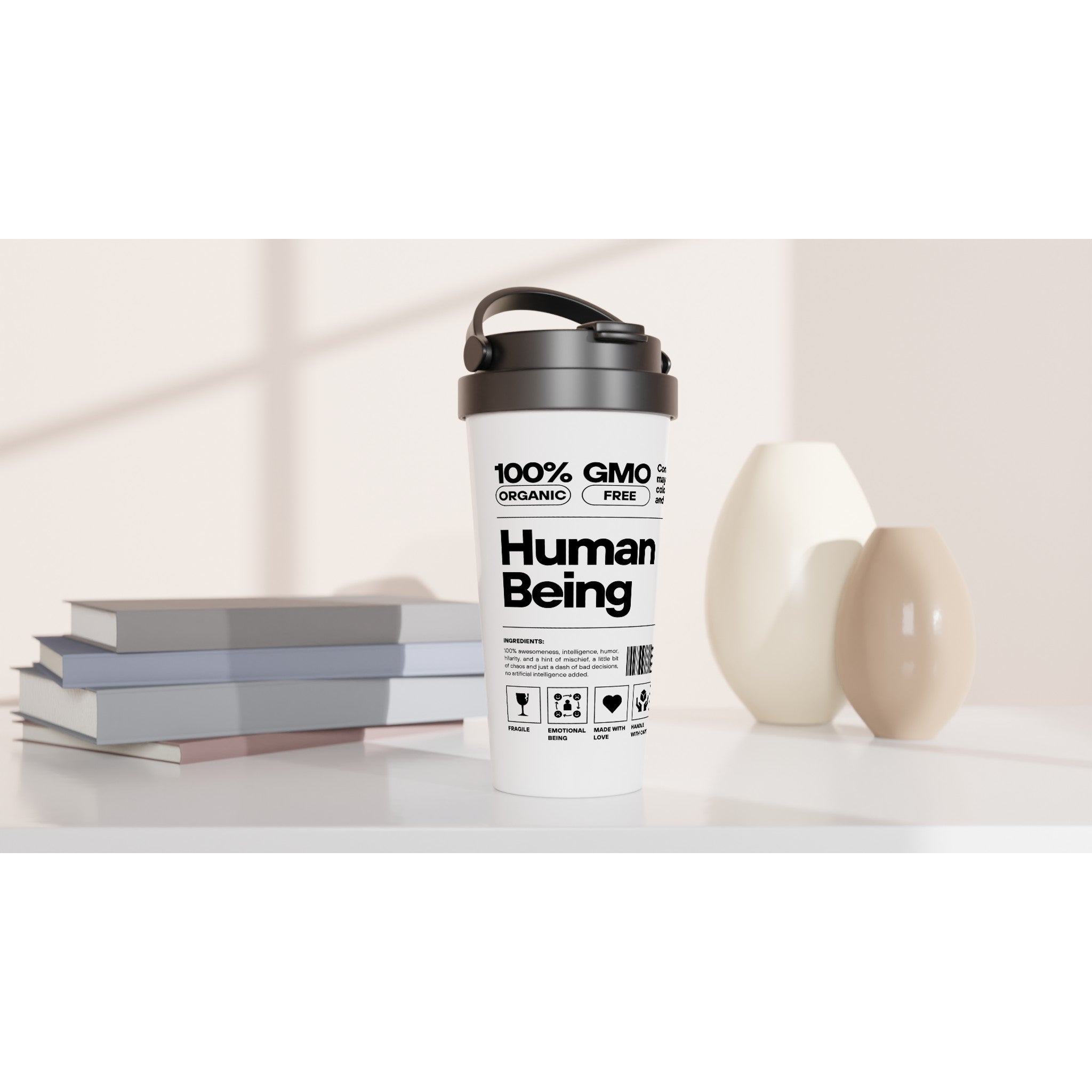 Human Being Product Description, Definition - White 15oz Stainless Steel Travel Mug Travel Mug Funny Globally Fulfilled