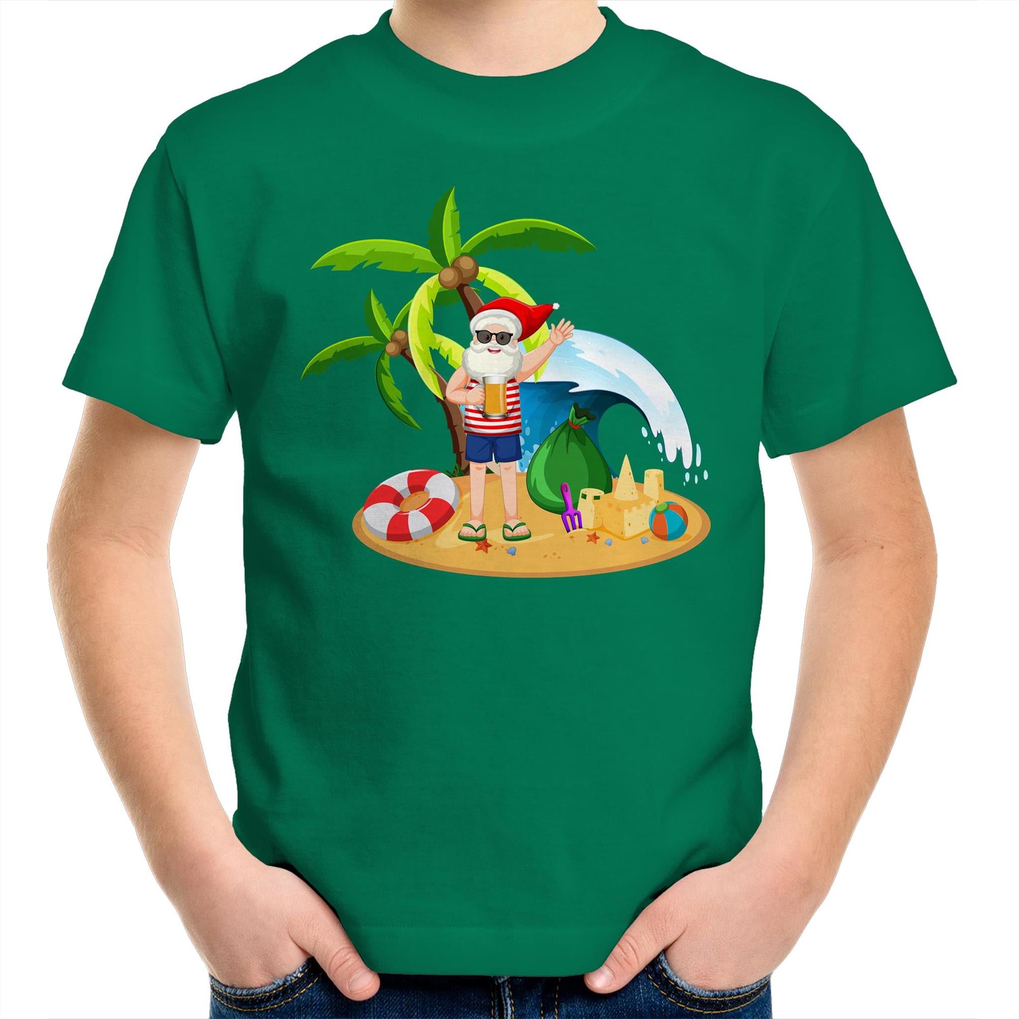 Summer Surf Santa - Kids Youth T-Shirt Kelly Green Kids Christmas T-shirt Christmas Printed In Australia