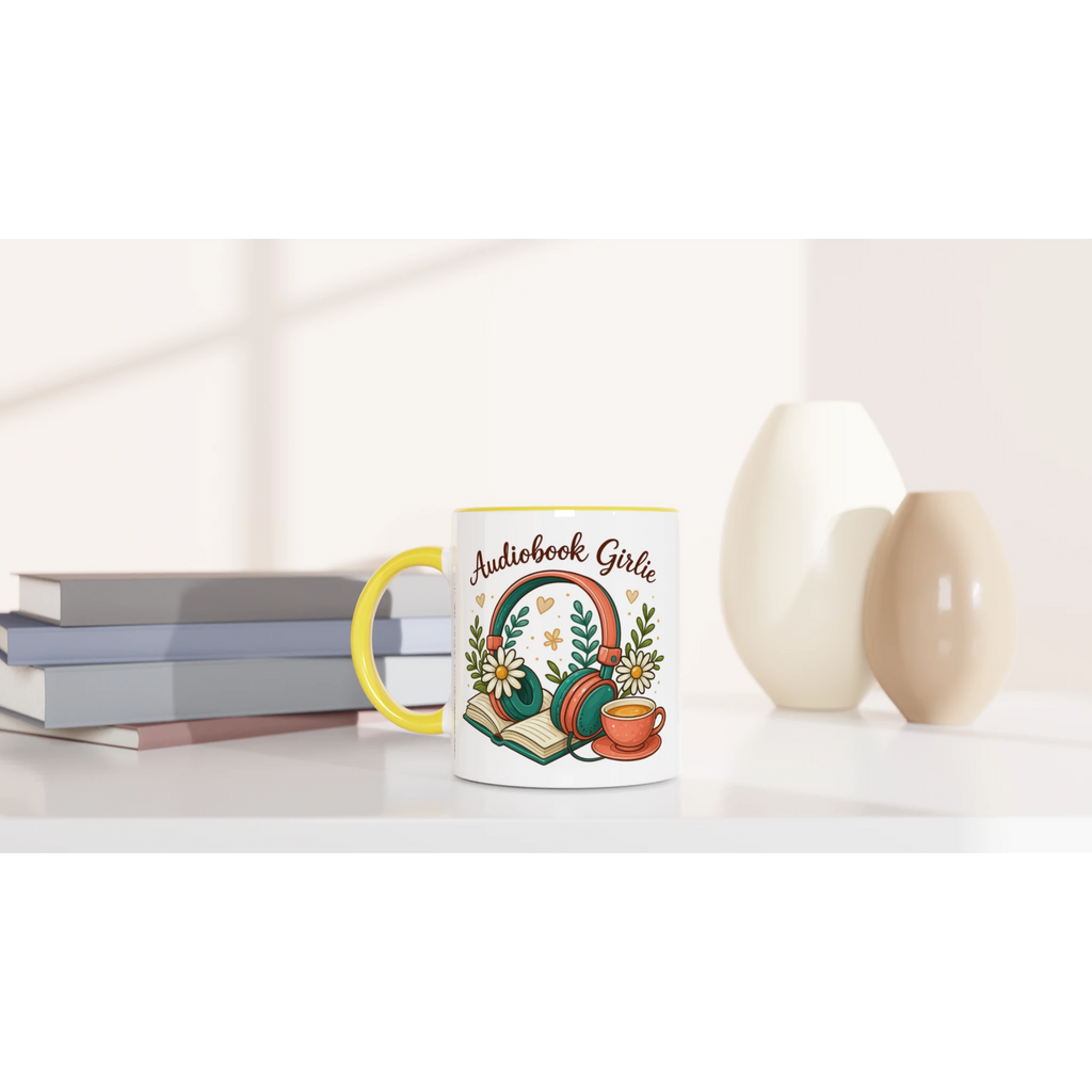 Audiobook Girlie - White 11oz Ceramic Mug with Colour Inside Colour 11oz Mug Globally Fulfilled Reading