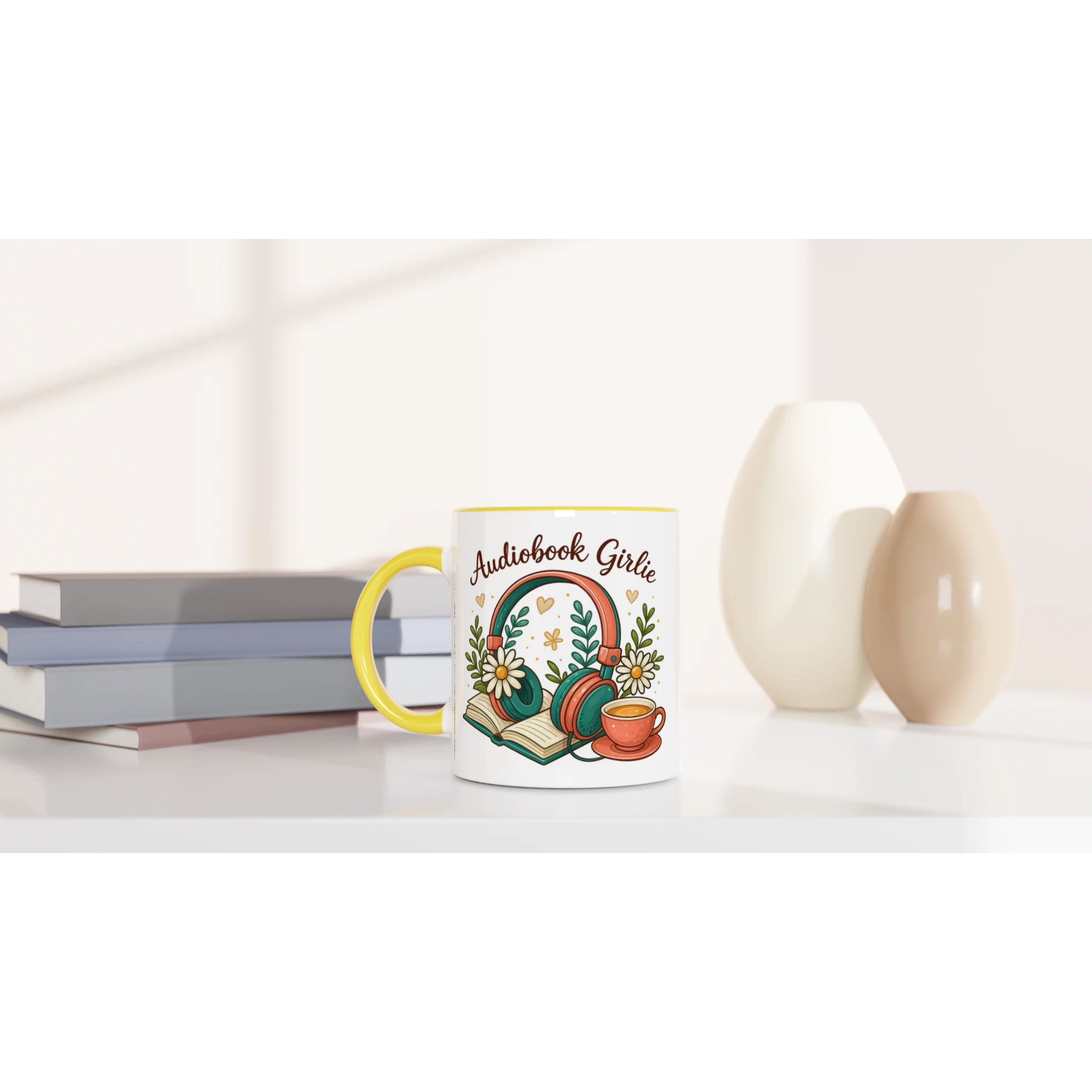 Audiobook Girlie - White 11oz Ceramic Mug with Colour Inside Colour 11oz Mug Globally Fulfilled Reading