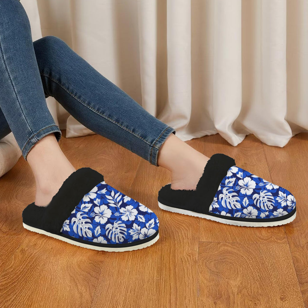 Blue Hawaiian Floral Women's Fur Trim Thick-Sole Indoor Slippers Women's Fur Trimmed Slippers Plants Printed Offshore