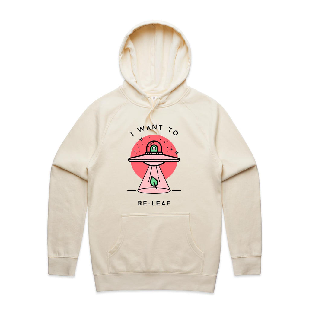 I Want To Be-Leaf, UFO - Mens Hoodie Ecru Mens Hoodie Printed In Australia Sci Fi
