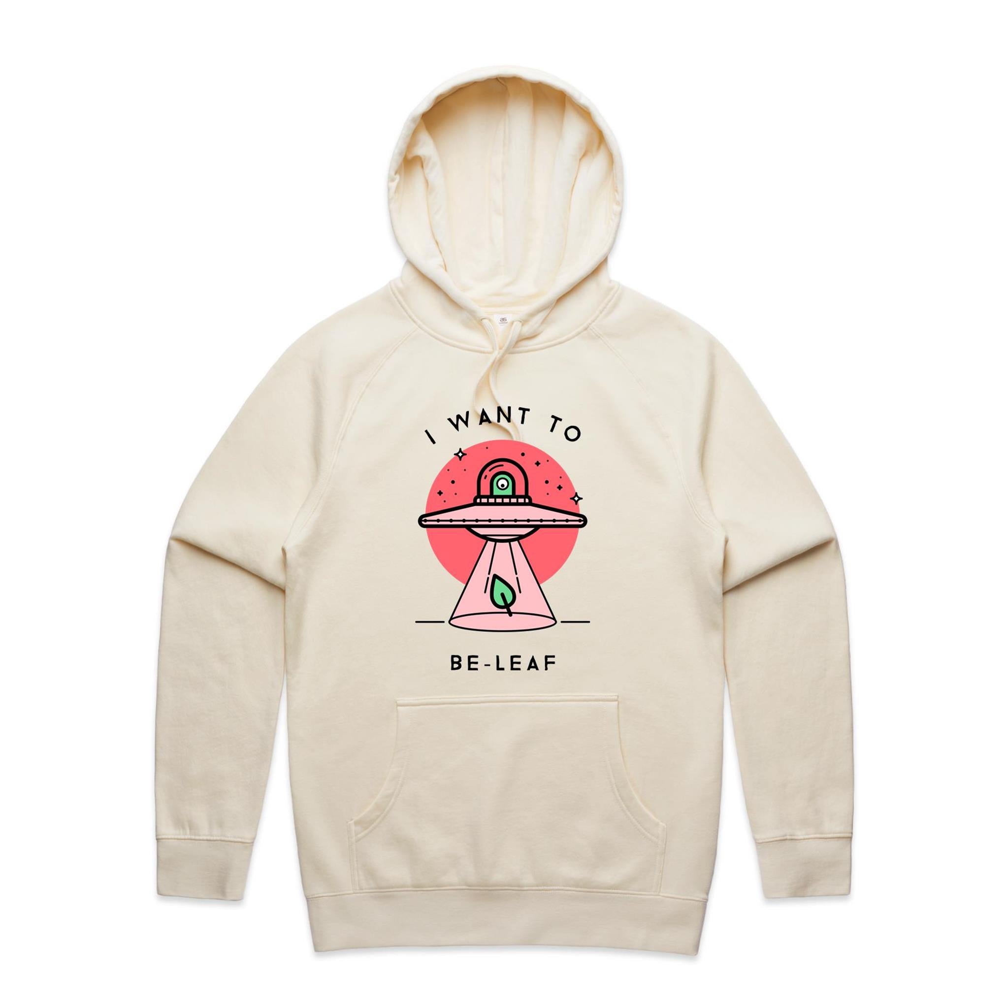 I Want To Be-Leaf, UFO - Mens Hoodie Ecru Mens Hoodie Printed In Australia Sci Fi