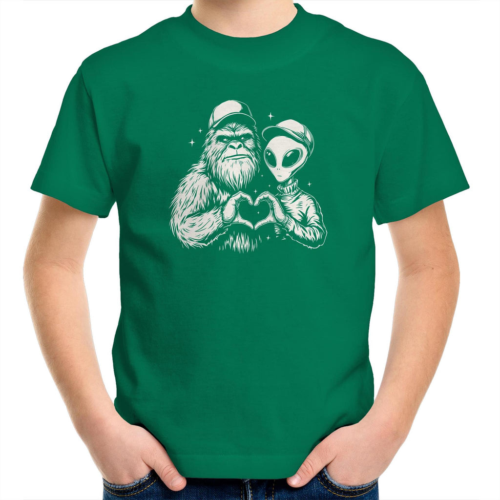 Alien Bigfoot Heart Hands - Kids Youth T-shirt Kelly Green Kids Youth T-shirt Love Printed In Australia Sci Fi