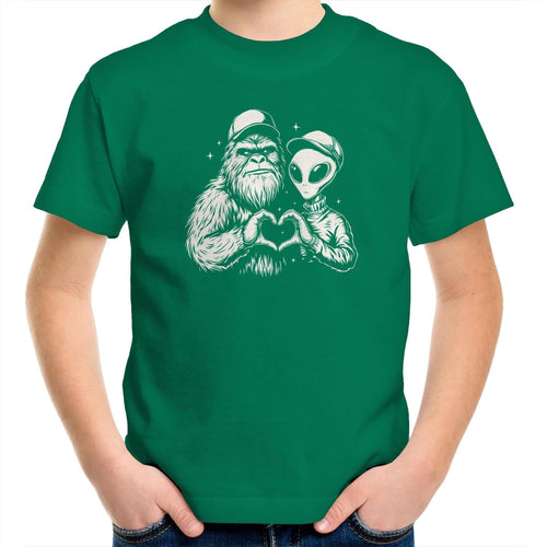 Alien Bigfoot Heart Hands - Kids Youth T-shirt Kelly Green Kids Youth T-shirt Love Printed In Australia Sci Fi