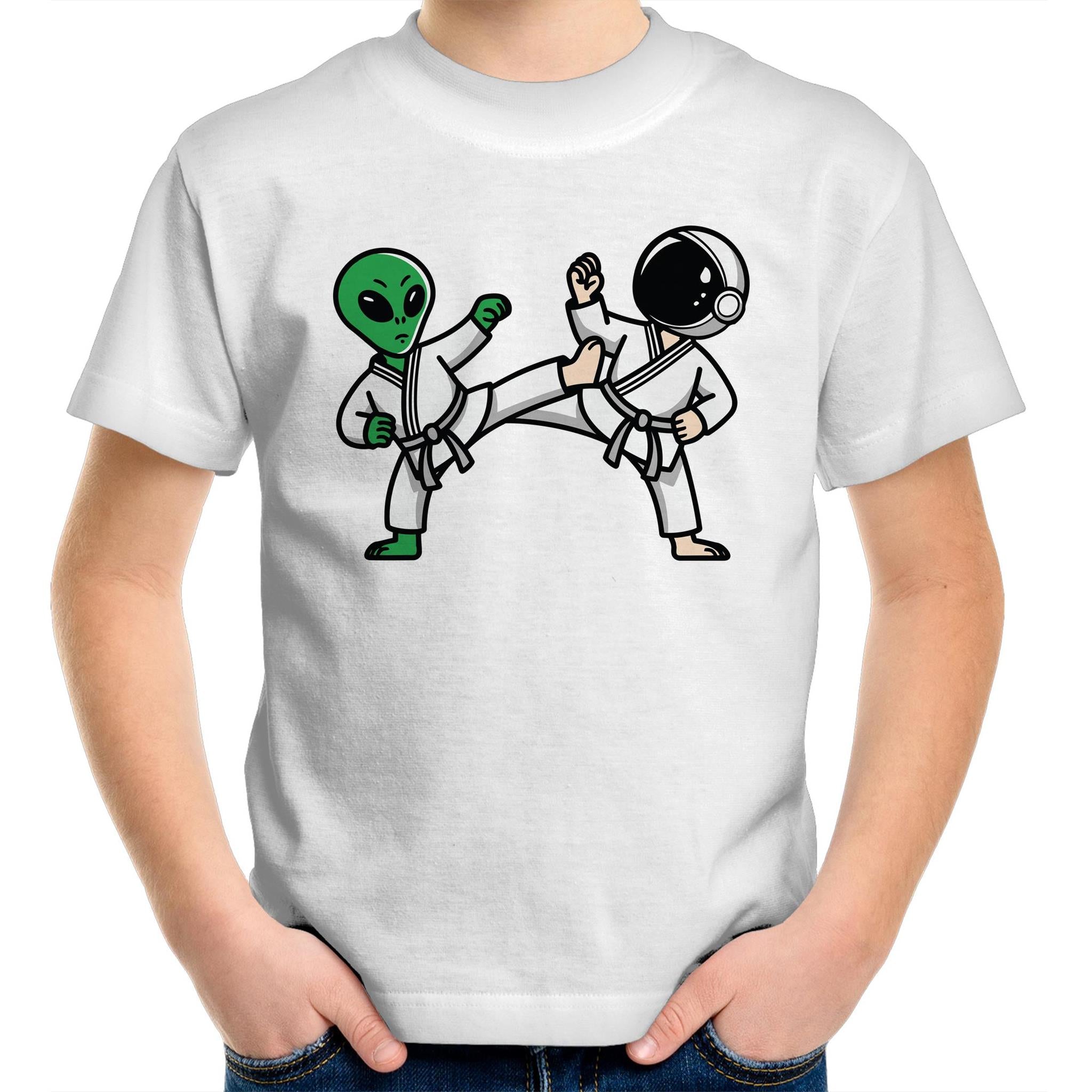 Alien And Astronaut Karate - Kids Youth T-Shirt White Kids Youth T-shirt Printed In Australia Sci Fi Space