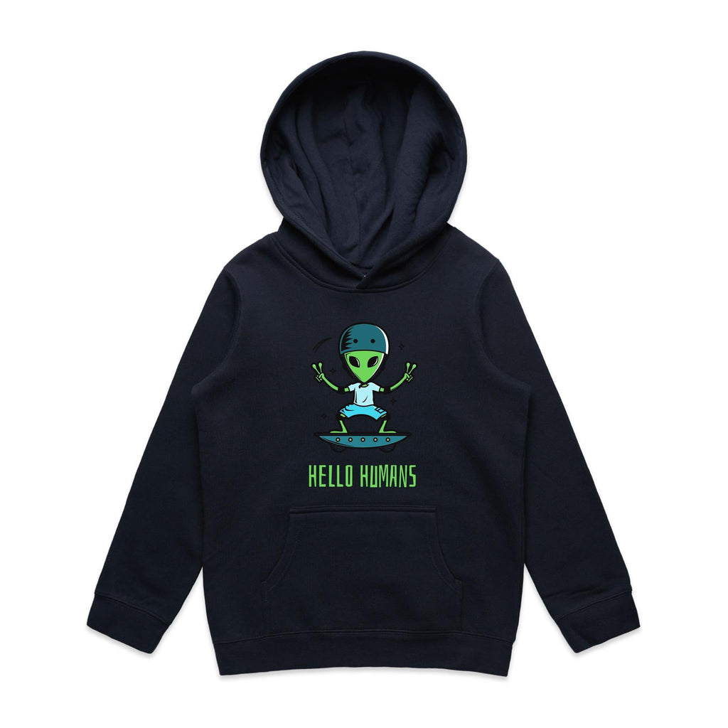 Alien Skate, Hello Humans - Kids Hoodie Navy Kids Hoodie Printed In Australia