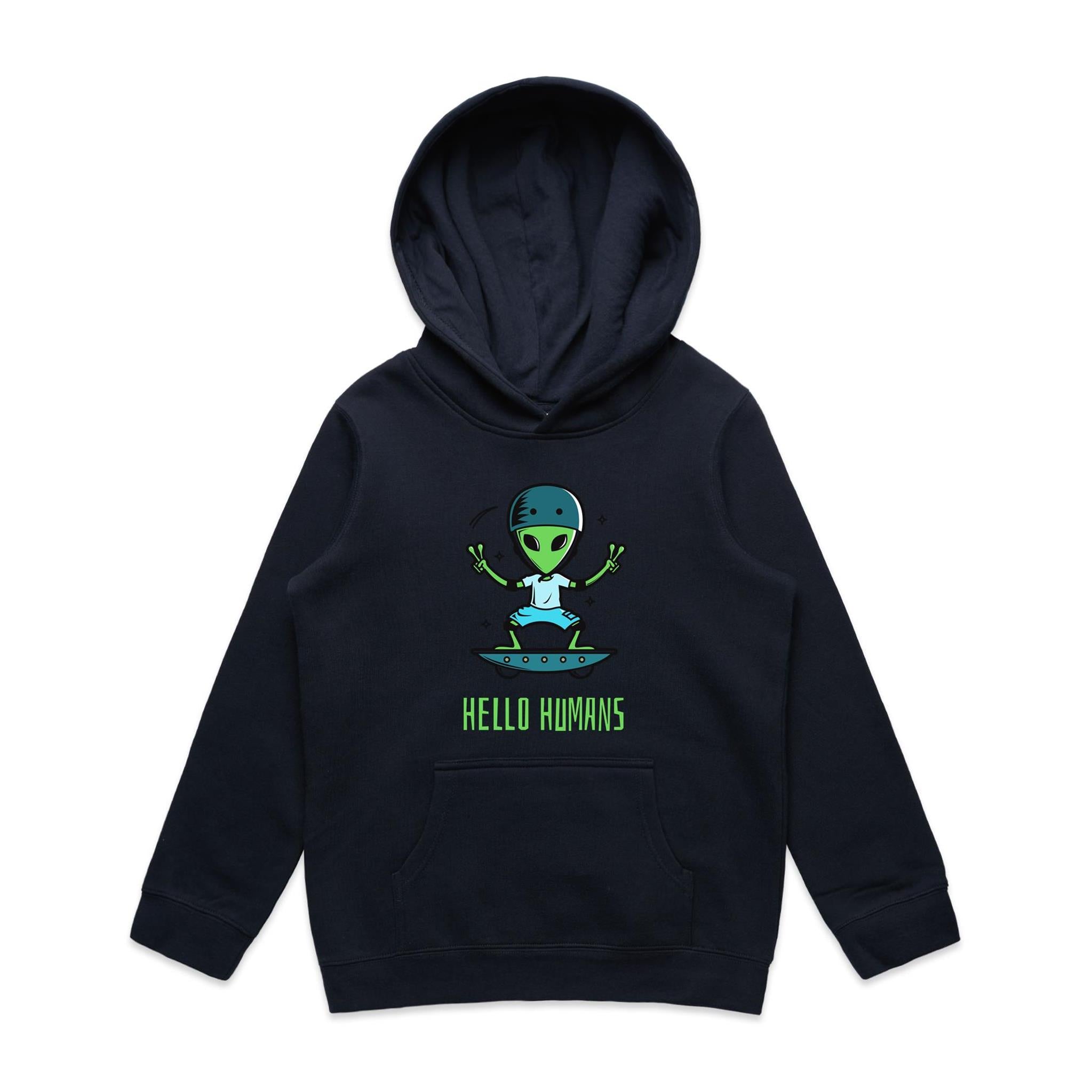 Alien Skate, Hello Humans - Kids Hoodie Navy Kids Hoodie Printed In Australia