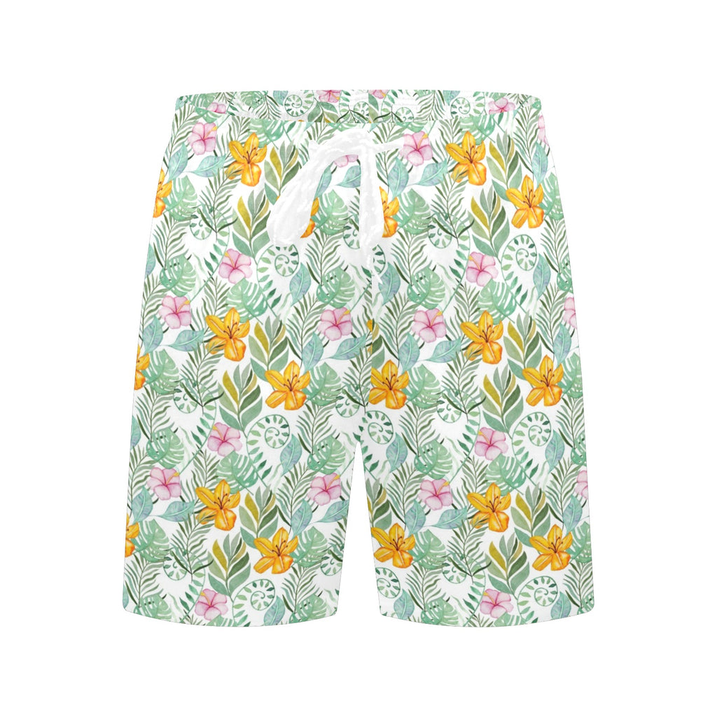 Tropical Flowers And Leaves Men's Mid-Length Beach Shorts Men's Mid-Length Beach Shorts Plants Printed Offshore