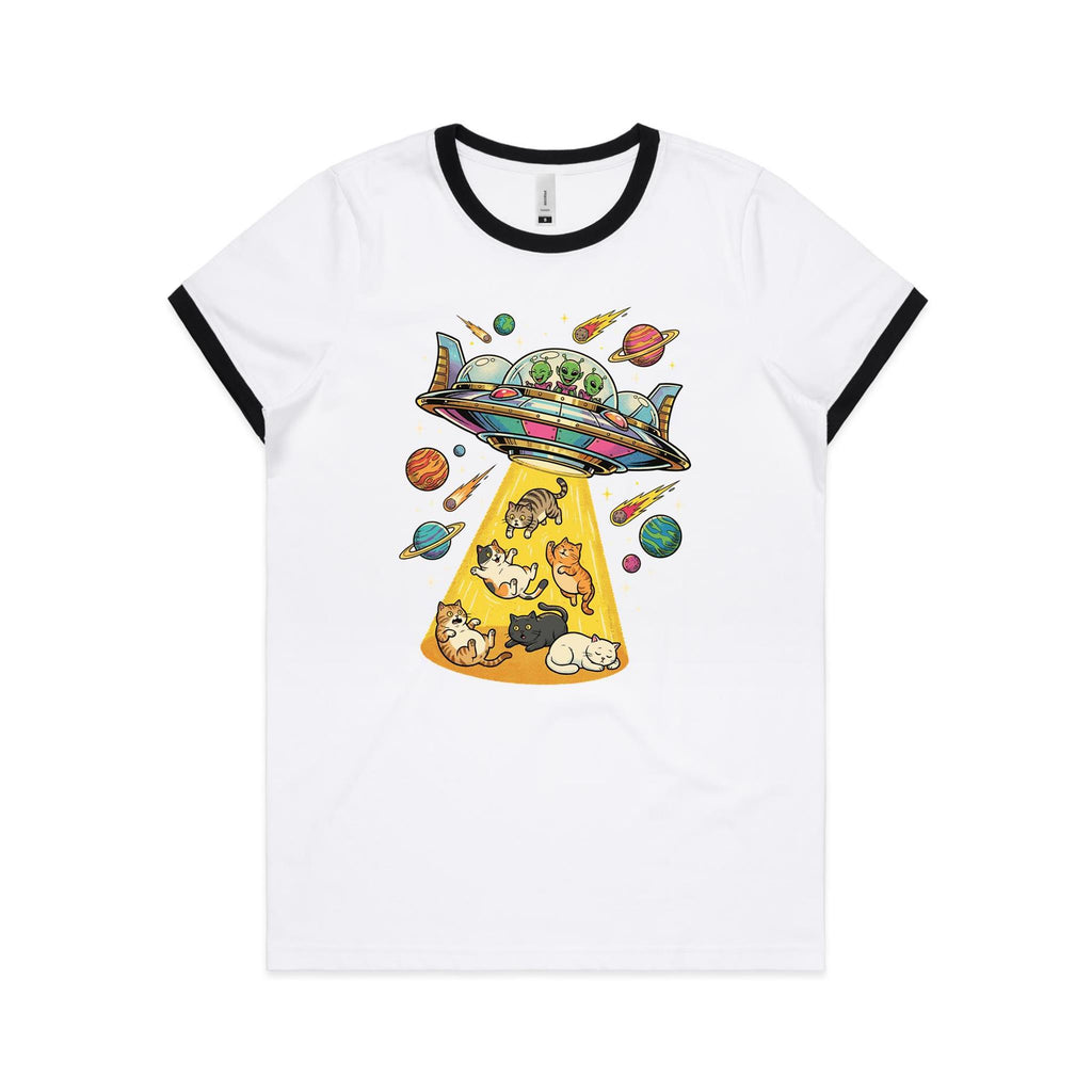 UFO Cat Abduction Women's AS Colour Ringer Tee White Black Womens Ringer T-shirt animal Printed In Australia Sci Fi