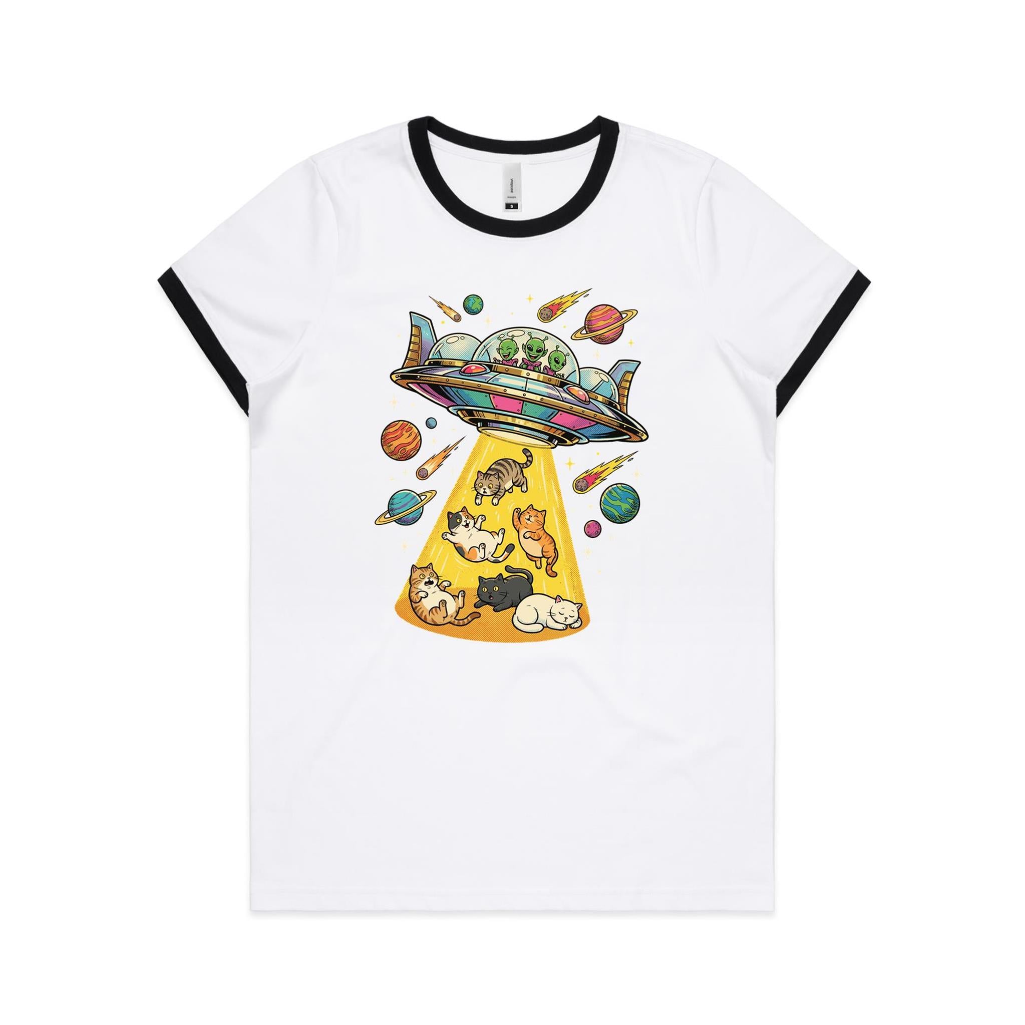 UFO Cat Abduction Women's AS Colour Ringer Tee White Black Womens Ringer T-shirt animal Printed In Australia Sci Fi
