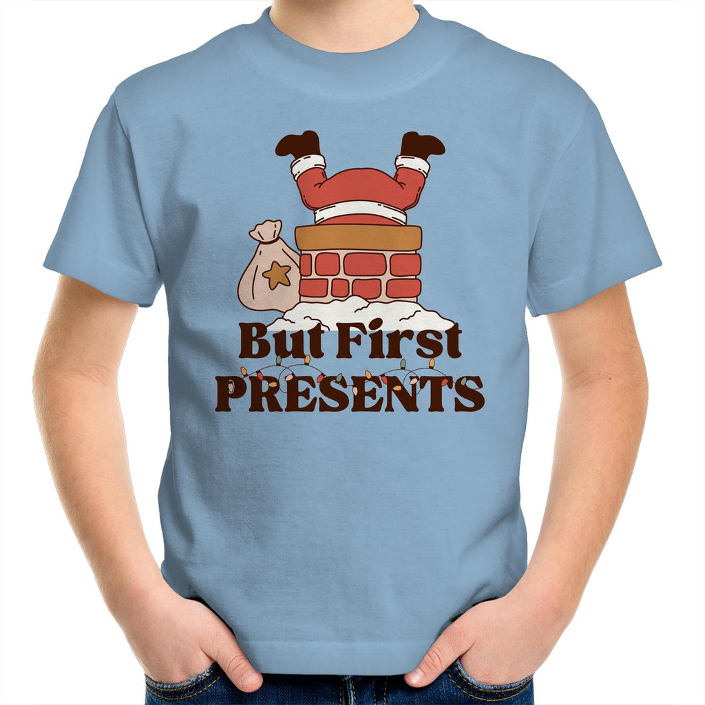 But First Presents, Santa In Chimney - Kids Youth T-Shirt Carolina Blue Kids Christmas T-shirt Christmas Printed In Australia