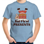 But First Presents, Santa In Chimney - Kids Youth T-Shirt Carolina Blue Kids Christmas T-shirt Christmas Printed In Australia