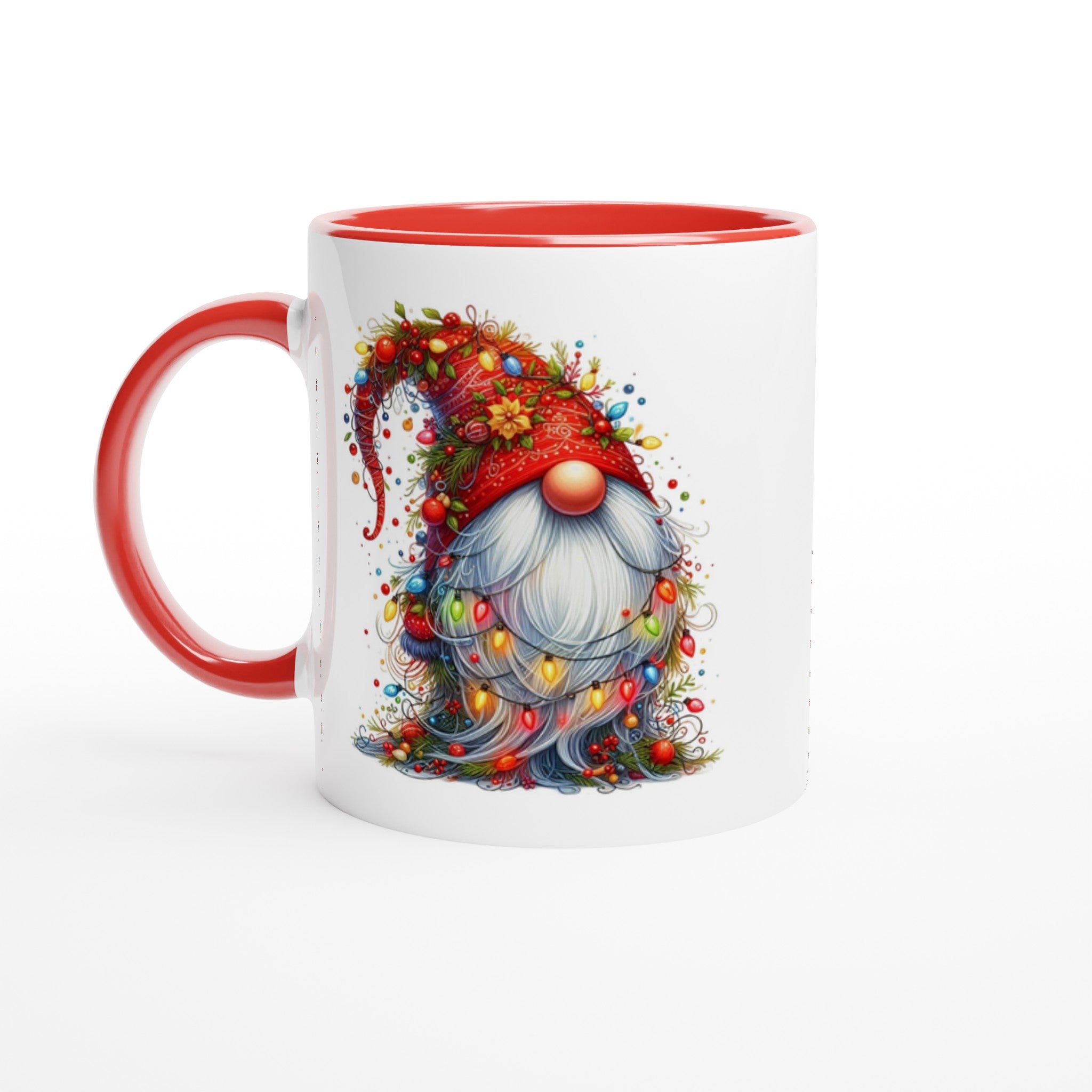 Christmas Gnome Wrapped In Lights - White 11oz Ceramic Mug with Colour Inside Ceramic Red Christmas Colour Mug Christmas Globally Fulfilled