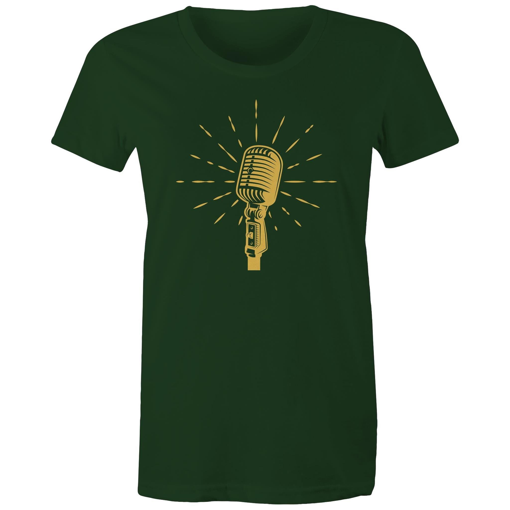 Retro Microphone - Womens T-shirt Forest Green Womens T-shirt Music Printed In Australia Retro