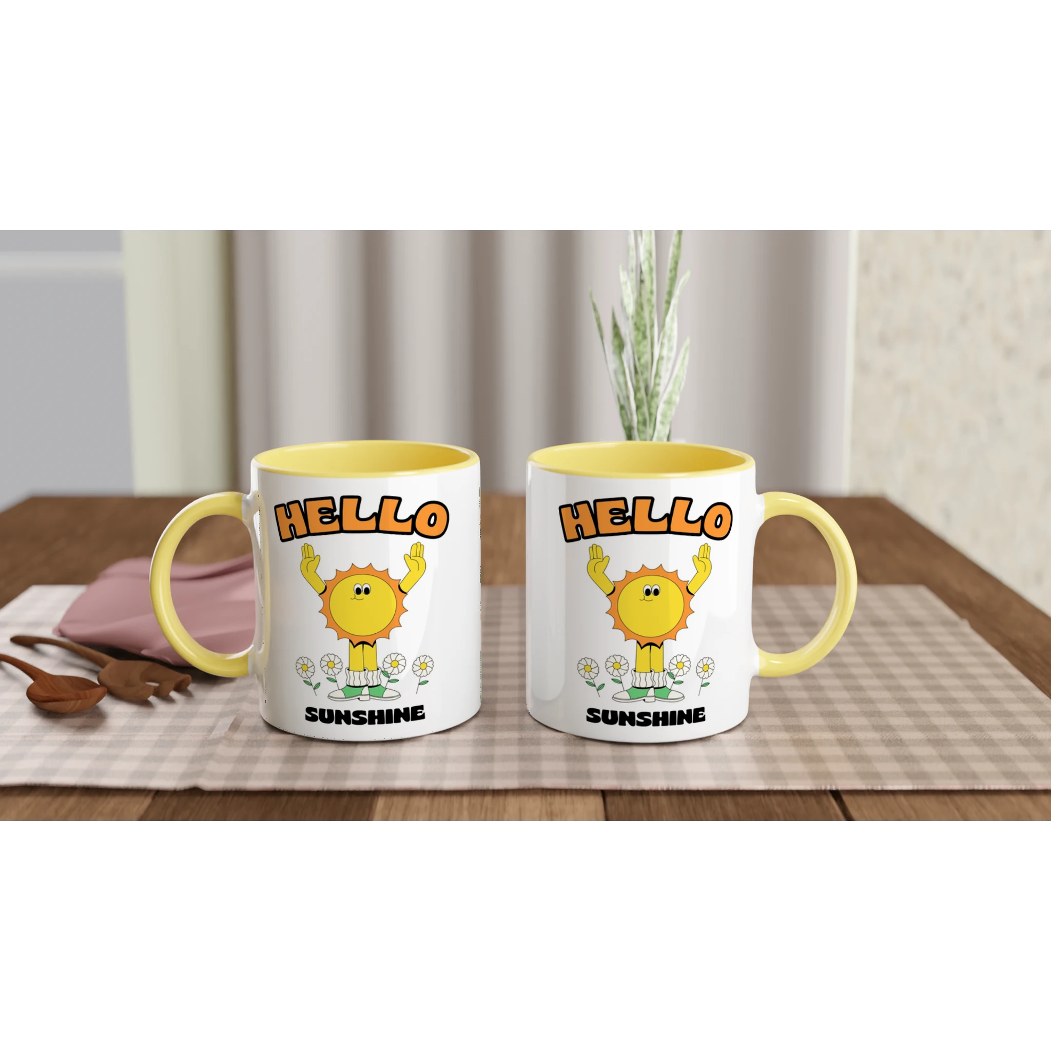 Personalised - Hello Sunshine - White 11oz Ceramic Mug with Colour Inside Personalised 11oz Mug customise Globally Fulfilled personalise Retro Summer