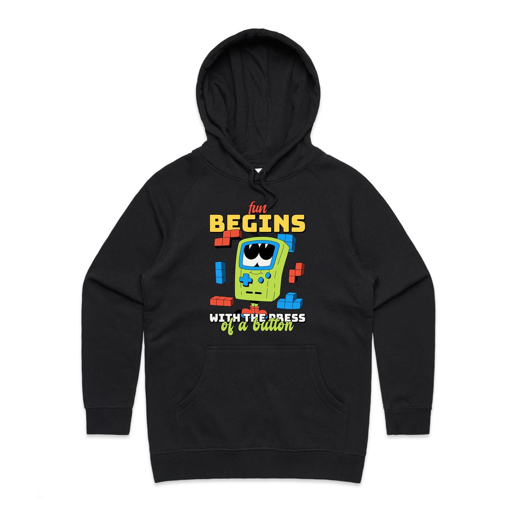 Fun Begins With The Press Of A Button - Womens Hoodie Black Womens Hoodie Games Printed In Australia