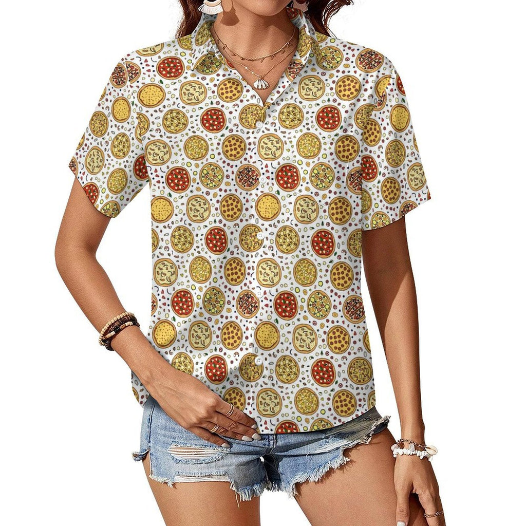 Round Pizzas On White Women's Short-Sleeve Button Up Shirt white Women's Short-Sleeve Button Up Shirt Food Printed Offshore