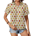 Round Pizzas On White Women's Short-Sleeve Button Up Shirt white Women's Short-Sleeve Button Up Shirt Food Printed Offshore