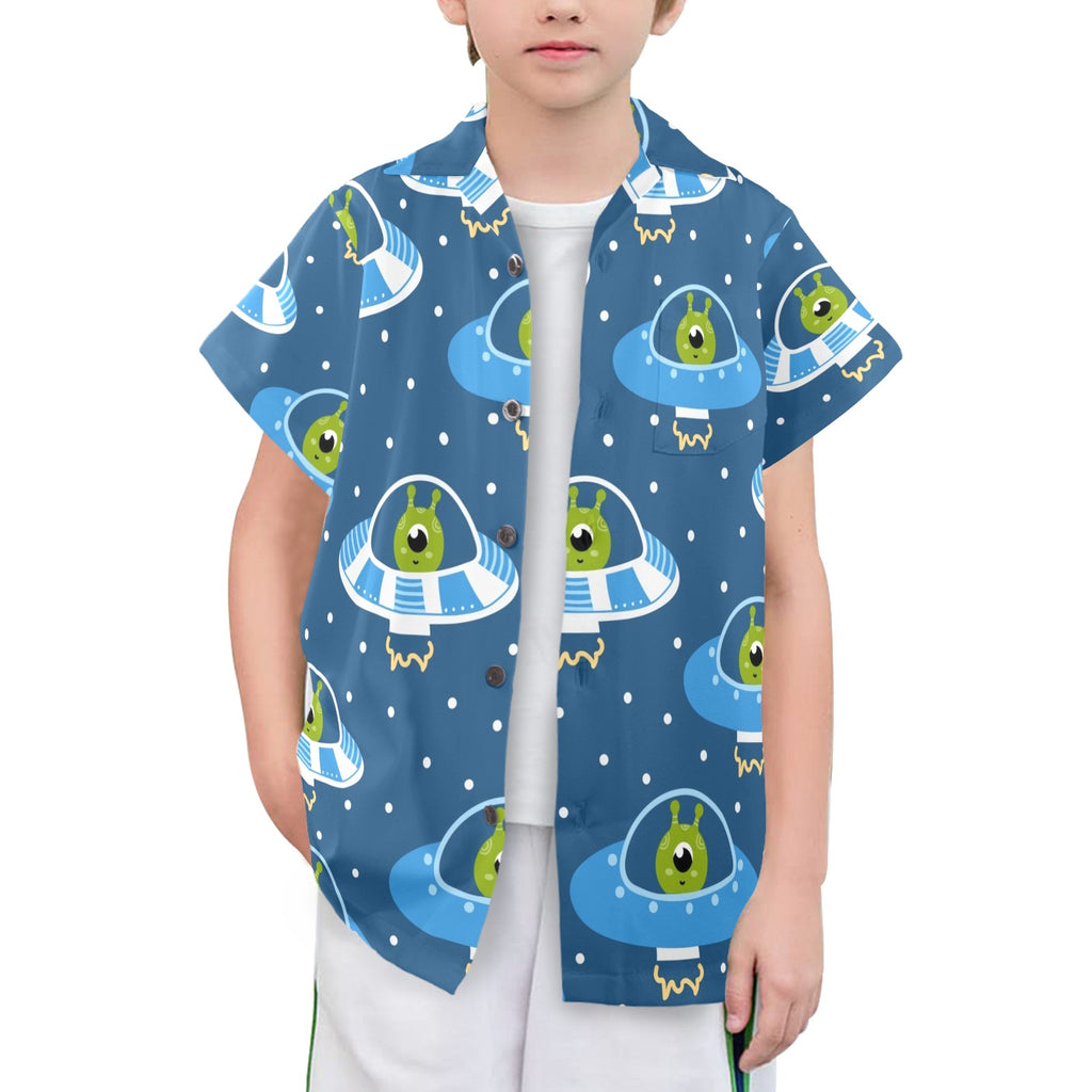 Cute Aliens in UFOs Senior Kids Hawaiian Shirt Senior Kids Hawaiian Shirt 8-15 Printed Offshore Sci Fi