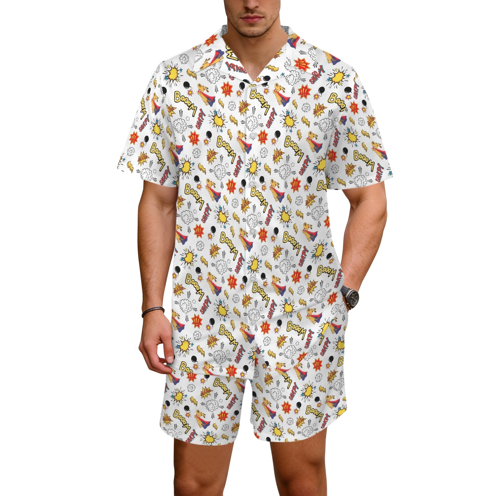 Super Dog Men's Hawaiian Shirt & Shorts Set Men's Hawaiian Shirt & Shorts Set animal comic Printed Offshore