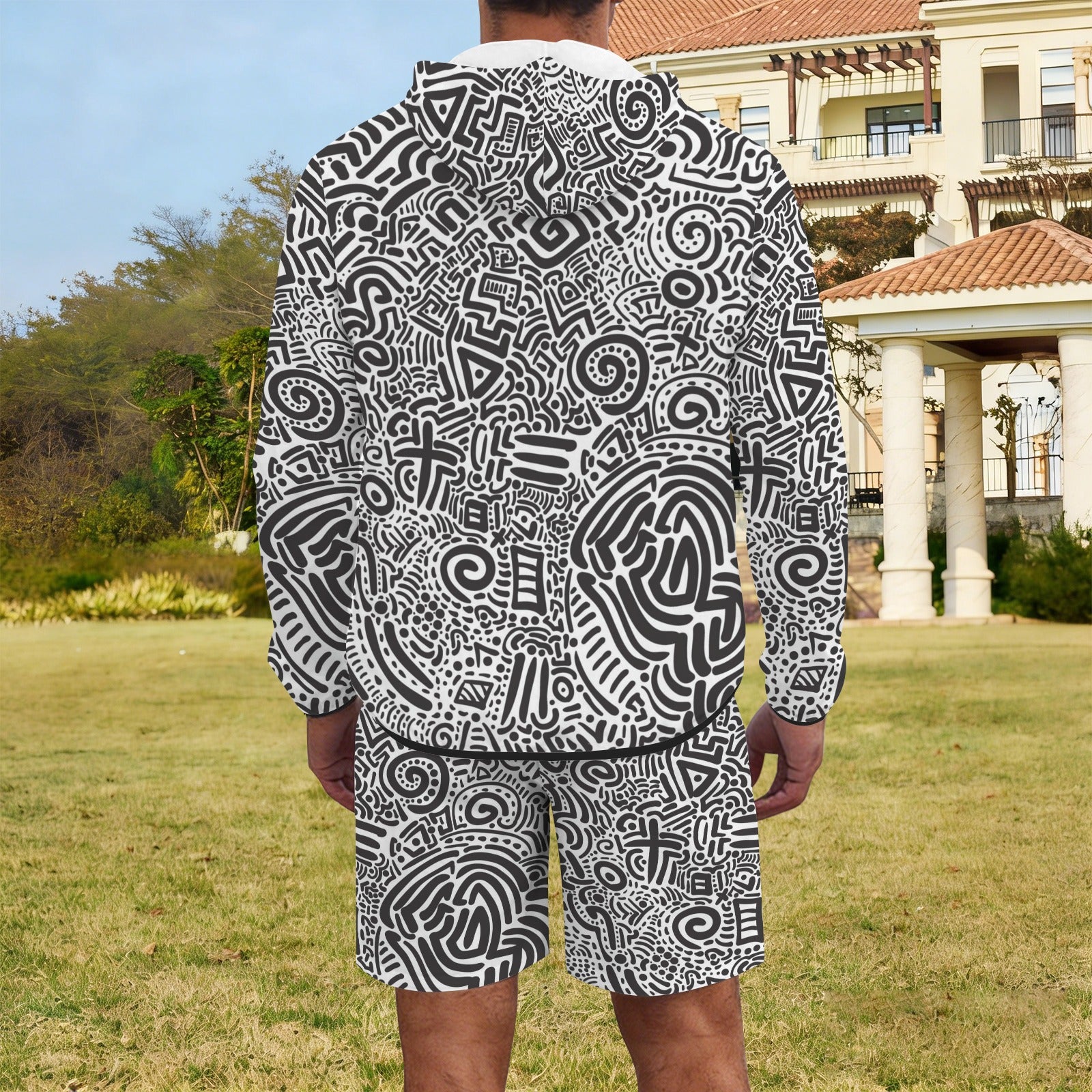 Black And White Men's Lightweight Sun Hoodie & Shorts Set Men's Lightweight Sun Hoodie & Shorts Printed Offshore
