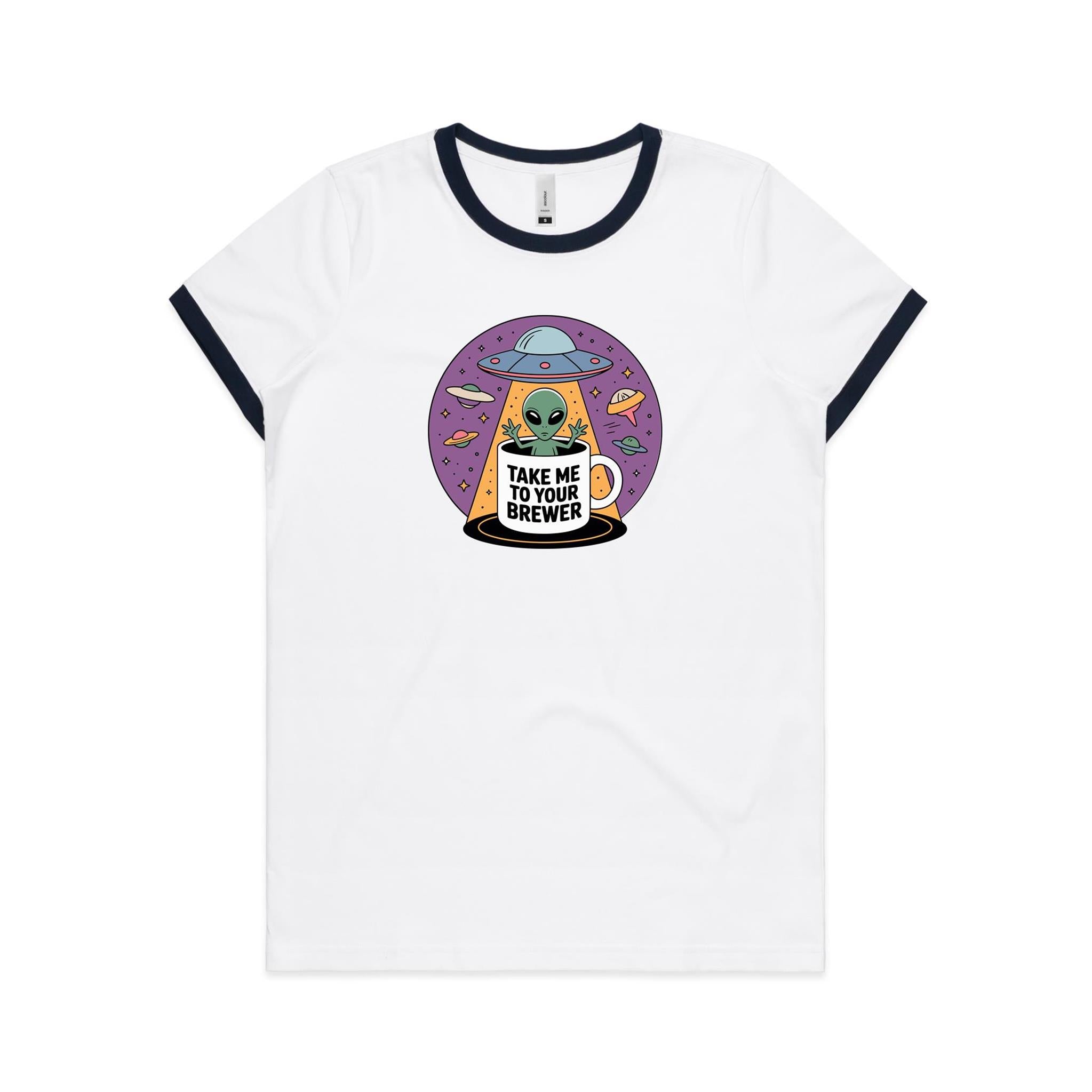 Coffee, Alien, UFO, Take Me To Your Brewer AS Colour Women's Ringer Tee White Navy Womens Ringer T-shirt Coffee Printed In Australia Sci Fi