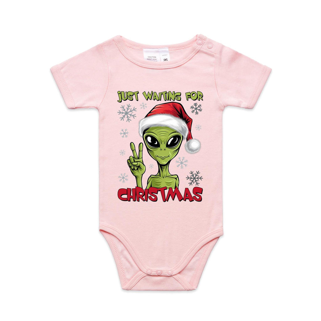 Just Waiting For Christmas - Baby Bodysuit Pink Baby Christmas Bodysuit Christmas Printed In Australia