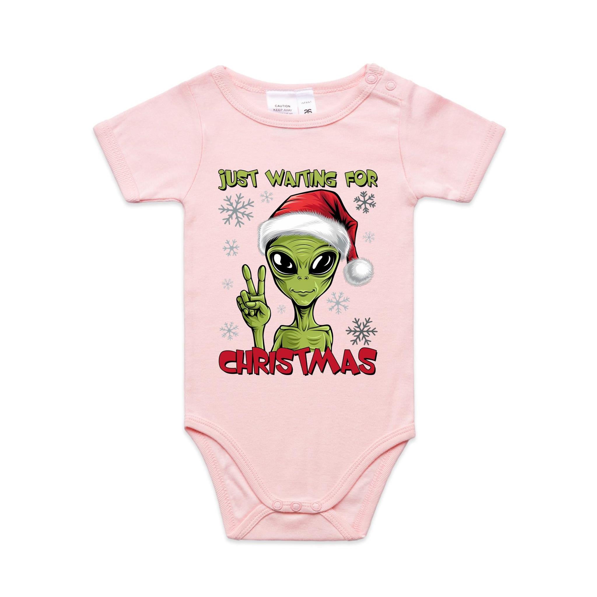 Just Waiting For Christmas - Baby Bodysuit Pink Baby Christmas Bodysuit Christmas Printed In Australia