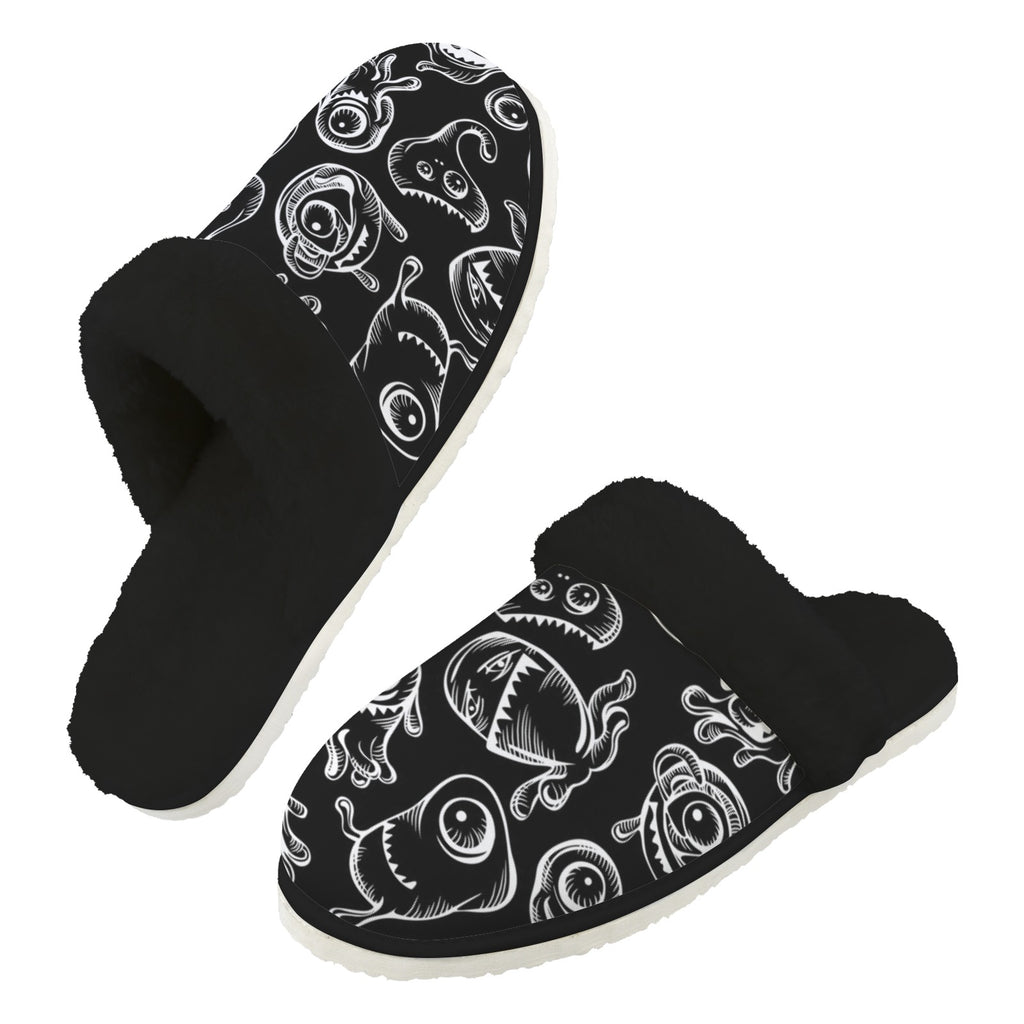 Monsters In Black And White Men's Fur Trim Thick-Sole Indoor Slippers 2XL Men's Fur Trimmed Slippers Printed Offshore Sci Fi