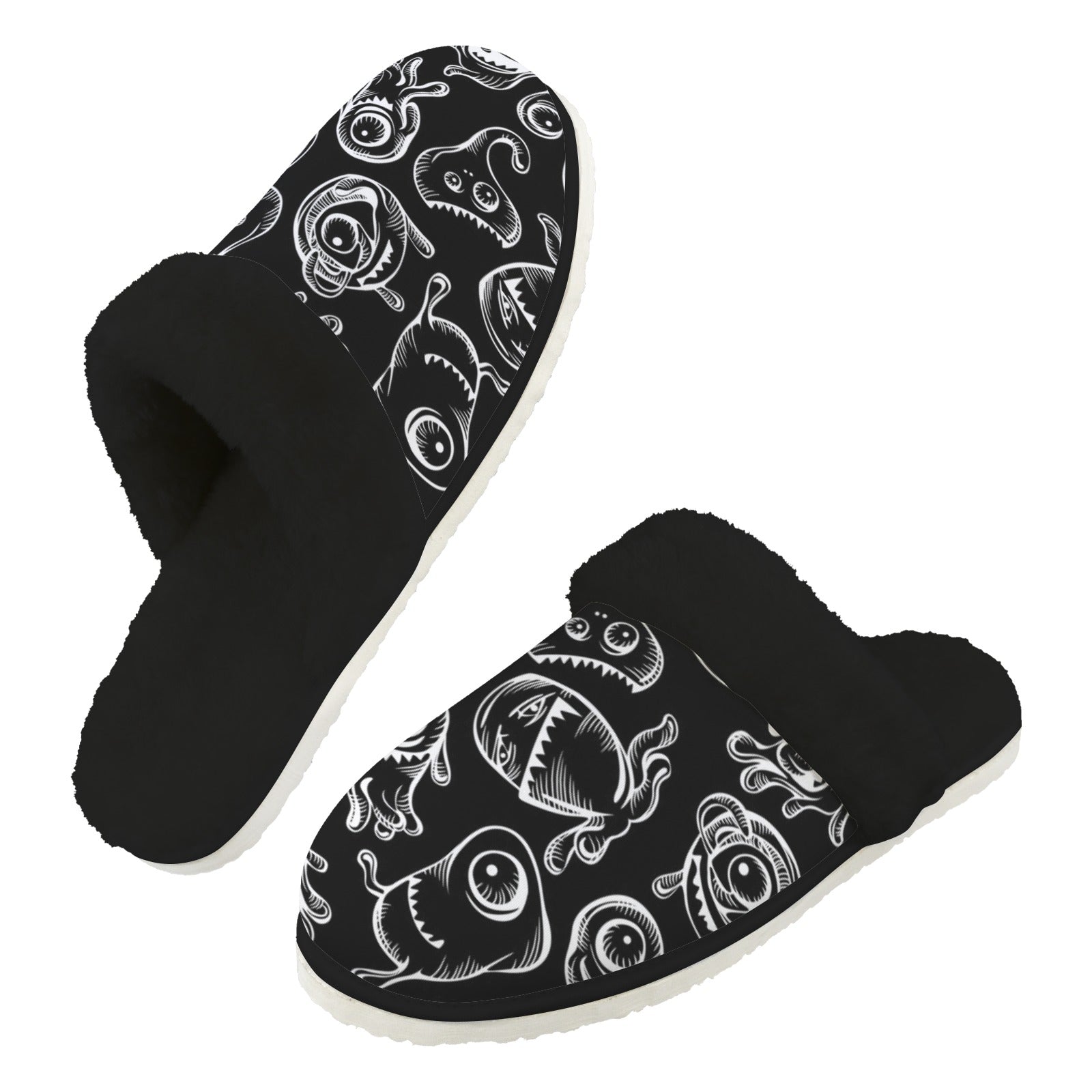 Monsters In Black And White Men's Fur Trim Thick-Sole Indoor Slippers 2XL Men's Fur Trimmed Slippers Printed Offshore Sci Fi