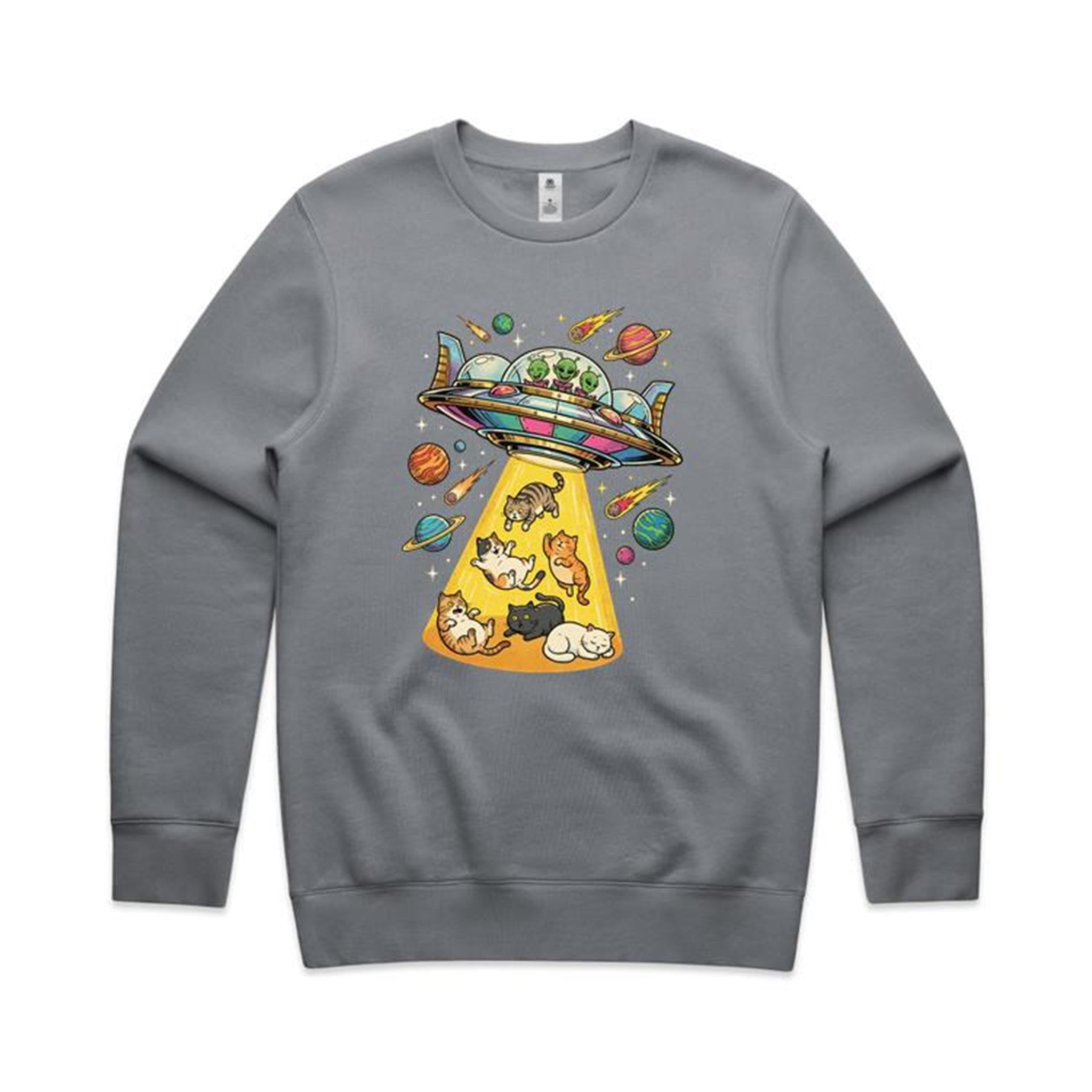 UFO Cat Abduction AS Colour Stencil Crew Sweatshirt Unisex Gravel Sweatshirt animal Printed In Australia Sci Fi