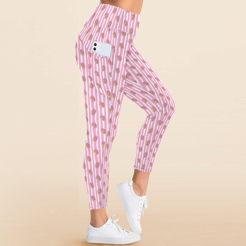 Pink Donut Stripes Women's High Waist Pockets Yoga Leggings Women's High Waist Pockets Yoga Leggings Food Printed Offshore