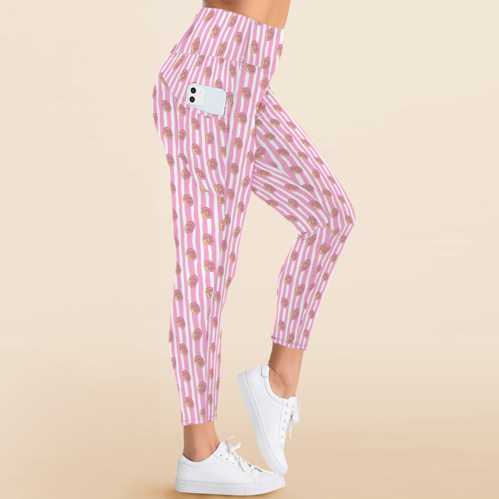 Pink Donut Stripes Women's High Waist Pockets Yoga Leggings Women's High Waist Pockets Yoga Leggings Food Printed Offshore