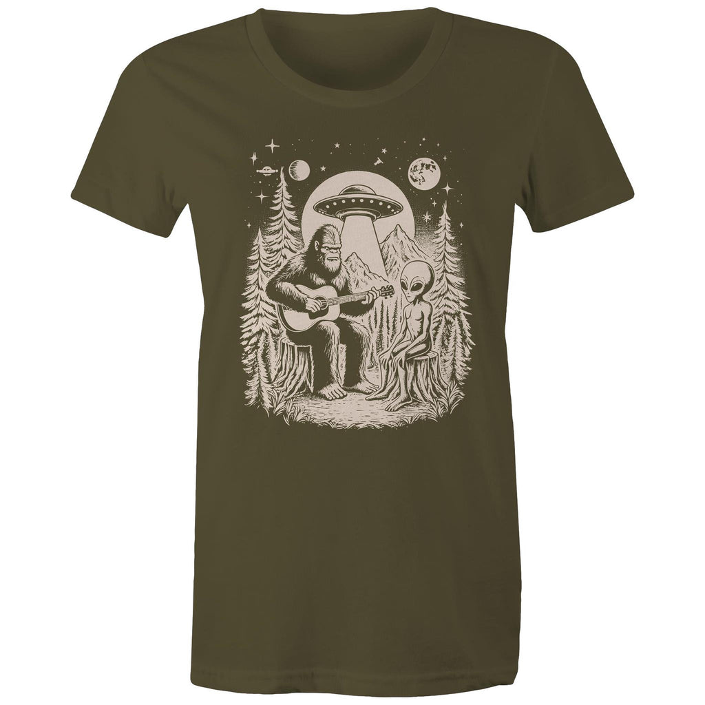 Alien And Bigfoot Play Guitar - Womens T-shirt Army Womens T-shirt Music Printed In Australia Sci Fi
