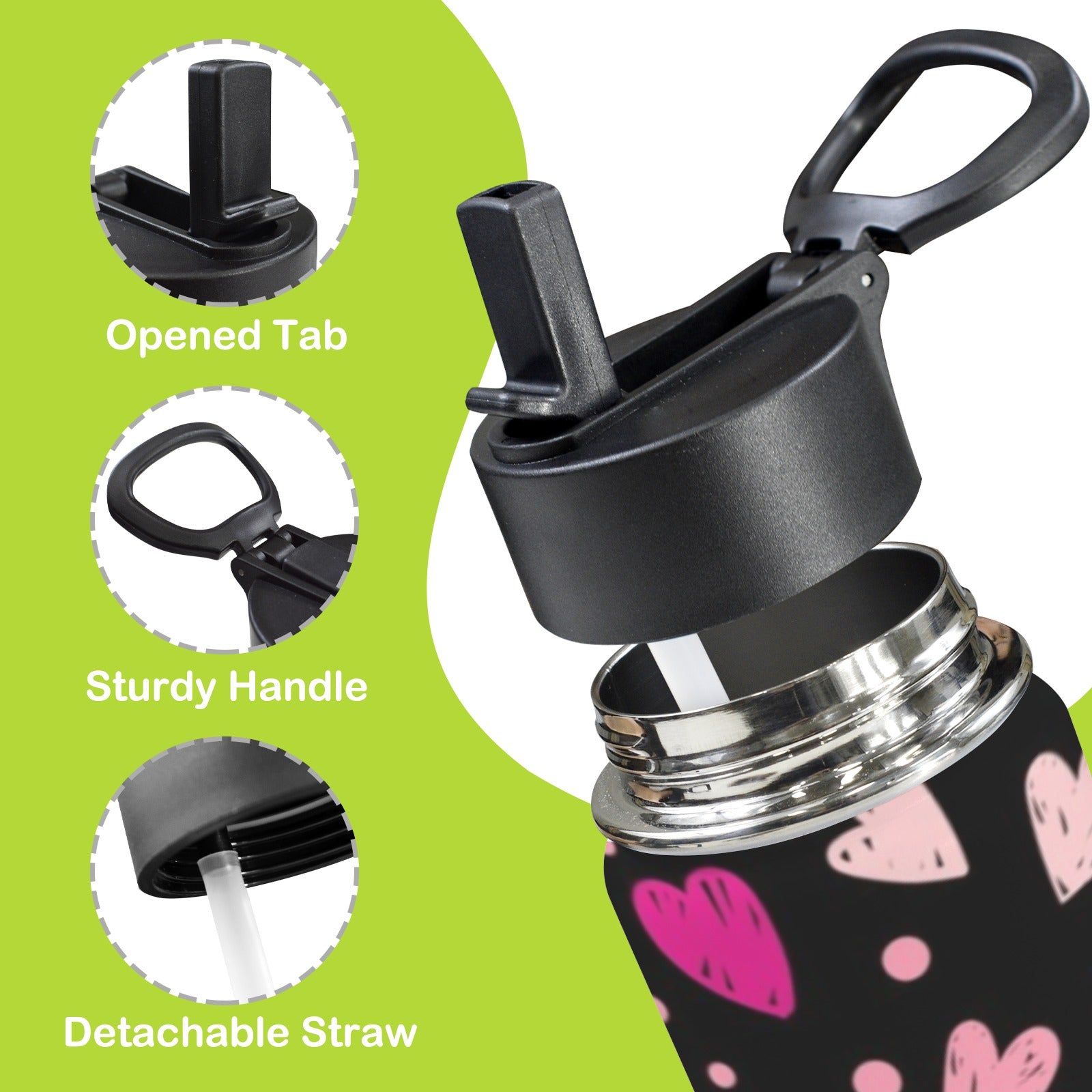 Pink Hearts 12oz Kids Water Bottle with Straw Lid